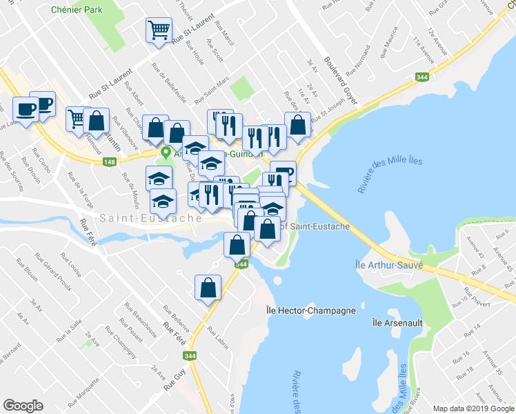 map of restaurants, bars, coffee shops, grocery stores, and more near 30 Rue de Bellefeuille in Saint-Eustache