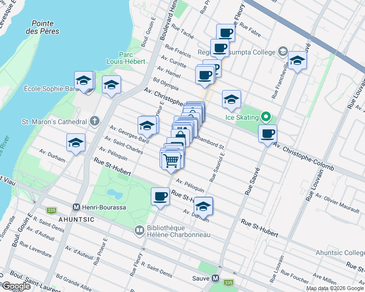 map of restaurants, bars, coffee shops, grocery stores, and more near 1197 Rue Fleury Est in Montréal