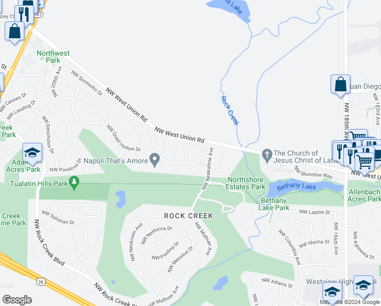 map of restaurants, bars, coffee shops, grocery stores, and more near 5478 Northwest Burning Tree Court in Portland