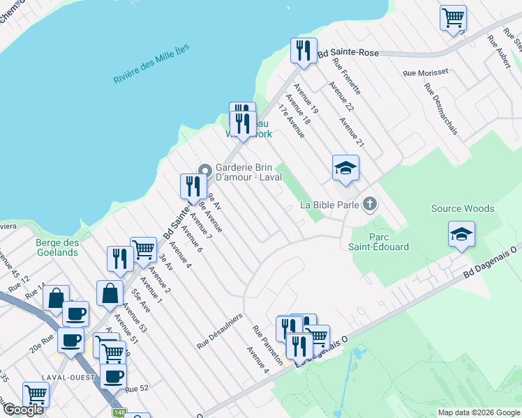 map of restaurants, bars, coffee shops, grocery stores, and more near 932 12e Av in Laval