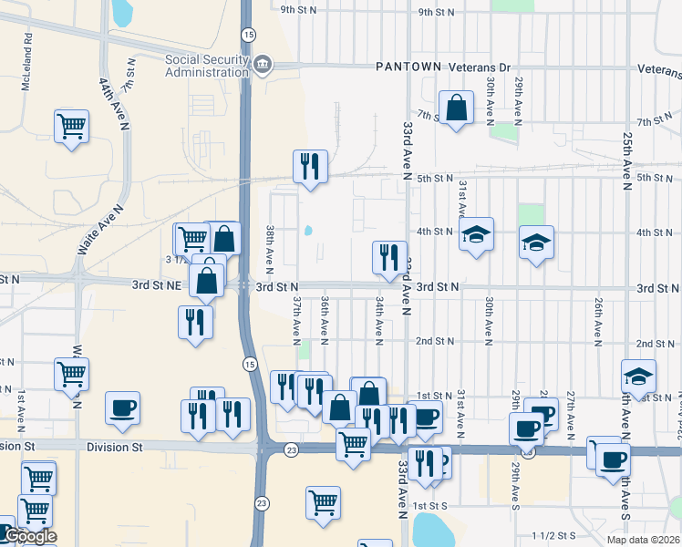 map of restaurants, bars, coffee shops, grocery stores, and more near 3515 3rd Street North in St. Cloud