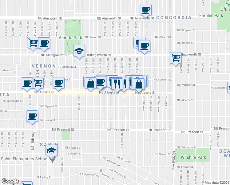 map of restaurants, bars, coffee shops, grocery stores, and more near NE Alberta St & NE 26th Ave in Portland