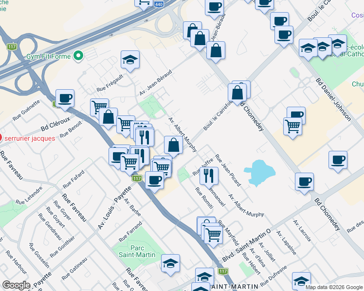 map of restaurants, bars, coffee shops, grocery stores, and more near 3775 Boulevard le Carrefour in Laval