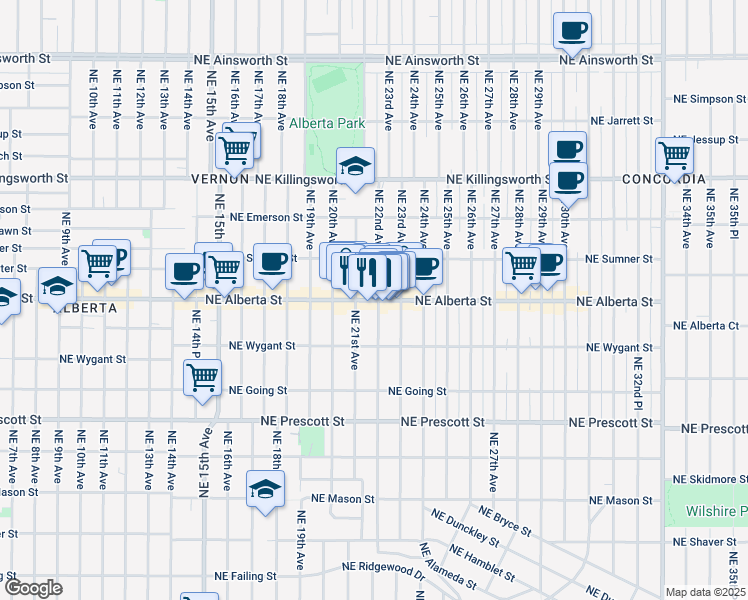 map of restaurants, bars, coffee shops, grocery stores, and more near 2161 Northeast Alberta Street in Portland