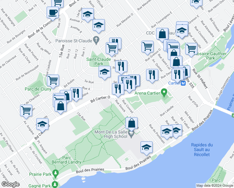 map of restaurants, bars, coffee shops, grocery stores, and more near 96 Boulevard Cartier Ouest in Laval