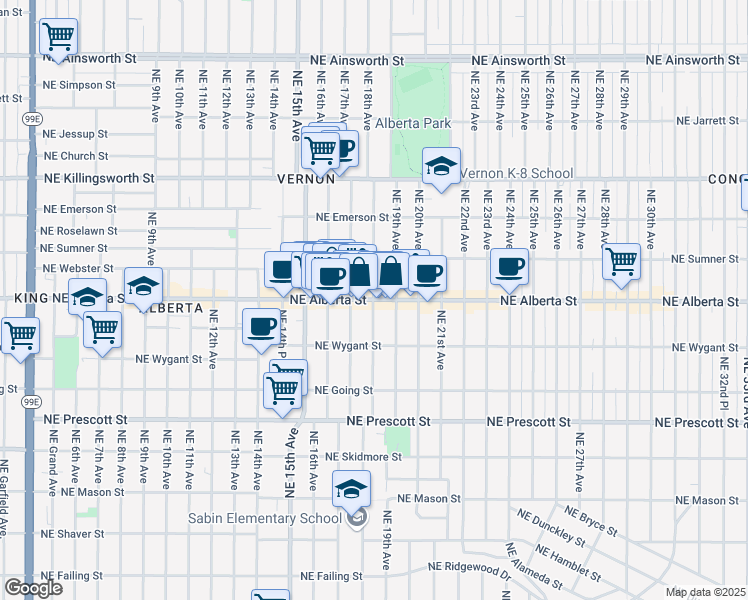 map of restaurants, bars, coffee shops, grocery stores, and more near Northeast Alberta Street & Northeast 18th Avenue in Portland