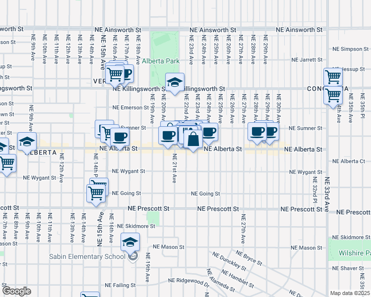 map of restaurants, bars, coffee shops, grocery stores, and more near 2161 Northeast Alberta Street in Portland