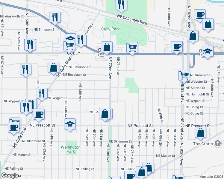 map of restaurants, bars, coffee shops, grocery stores, and more near 4940 Northeast 72nd Avenue in Portland