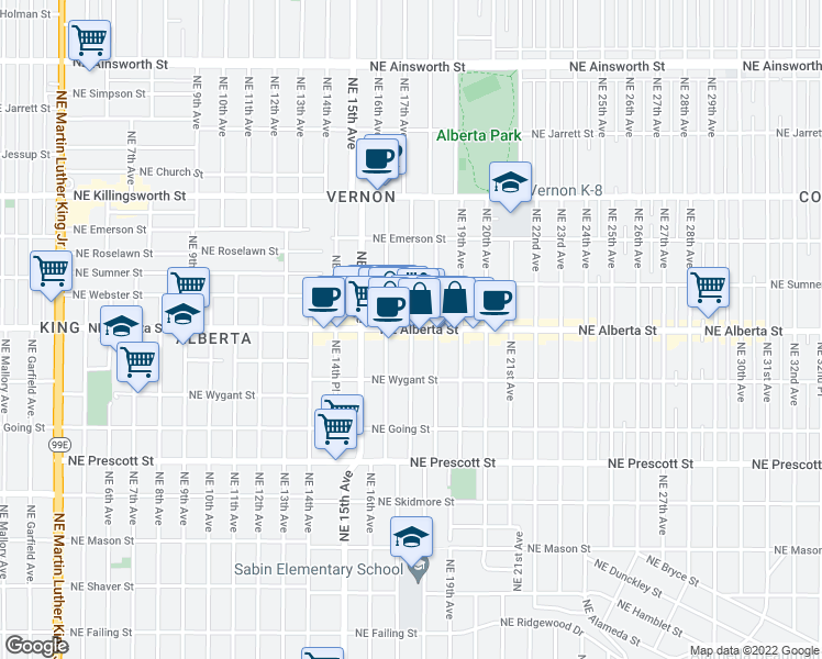 map of restaurants, bars, coffee shops, grocery stores, and more near NE Alberta St & NE 17th Ave in Portland
