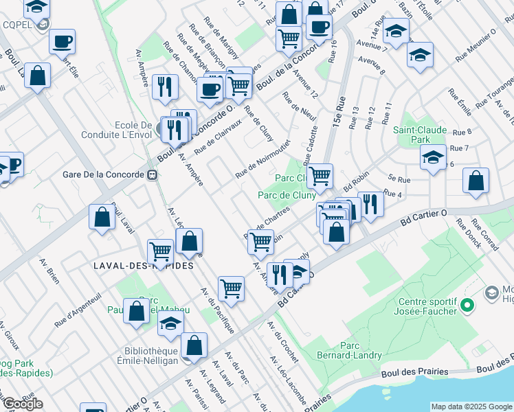 map of restaurants, bars, coffee shops, grocery stores, and more near 505 Rue de Largentière in Laval