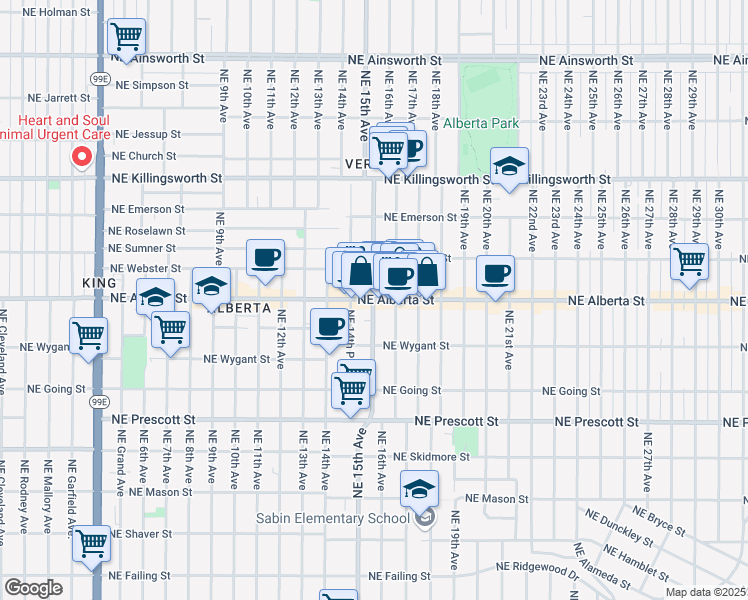 map of restaurants, bars, coffee shops, grocery stores, and more near NE 15th Ave & NE Alberta St in Portland