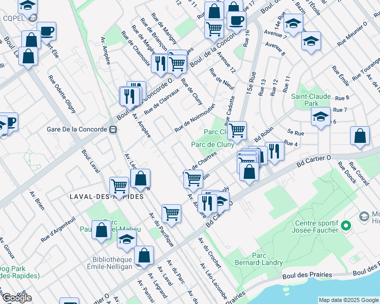 map of restaurants, bars, coffee shops, grocery stores, and more near 505 Rue de Largentière in Laval