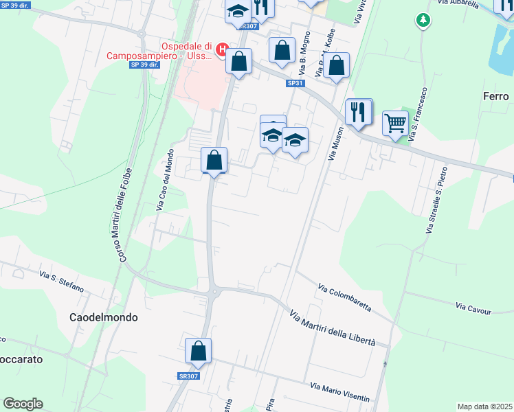 map of restaurants, bars, coffee shops, grocery stores, and more near 27 Via Giacomo Puccini in Camposampiero