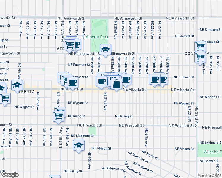map of restaurants, bars, coffee shops, grocery stores, and more near 2210 Northeast Alberta Street in Portland
