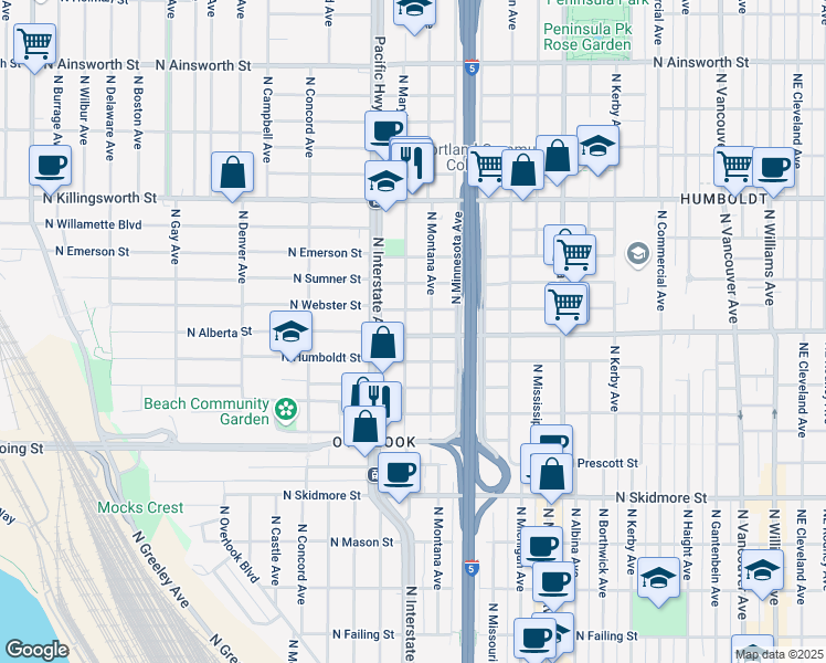 map of restaurants, bars, coffee shops, grocery stores, and more near 1314 North Webster Street in Portland
