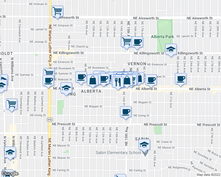 map of restaurants, bars, coffee shops, grocery stores, and more near NE Alberta St & NE 13th Ave in Portland