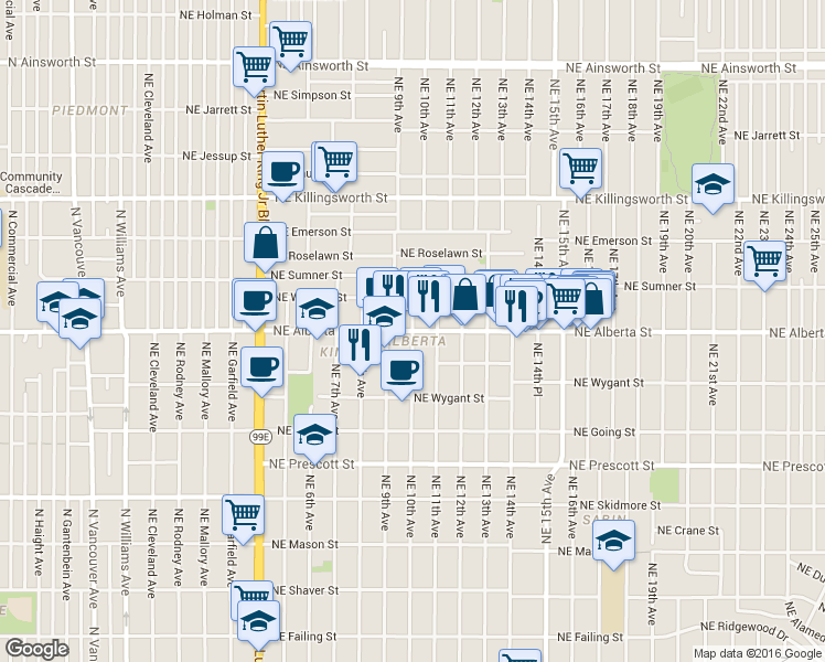 map of restaurants, bars, coffee shops, grocery stores, and more near NE Alberta St & NE 10th Ave in Portland