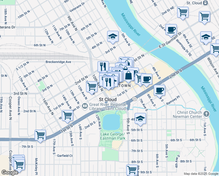 map of restaurants, bars, coffee shops, grocery stores, and more near 905 W St Germain St in St Cloud