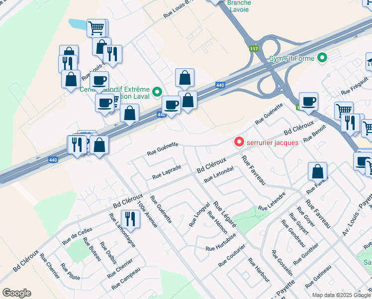 map of restaurants, bars, coffee shops, grocery stores, and more near 2597 Rue Légaré in Laval