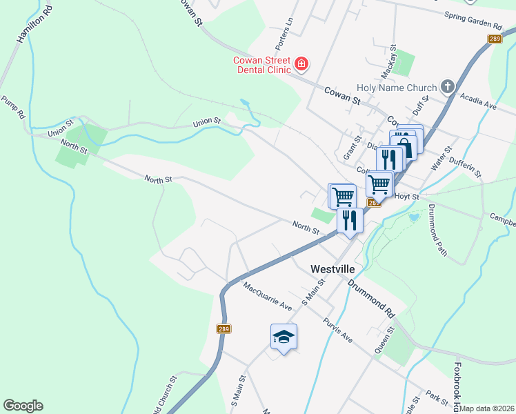 map of restaurants, bars, coffee shops, grocery stores, and more near 2172 North Street in Westville