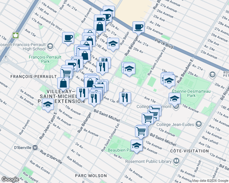 map of restaurants, bars, coffee shops, grocery stores, and more near 3509 Rue Soubirous in Montréal