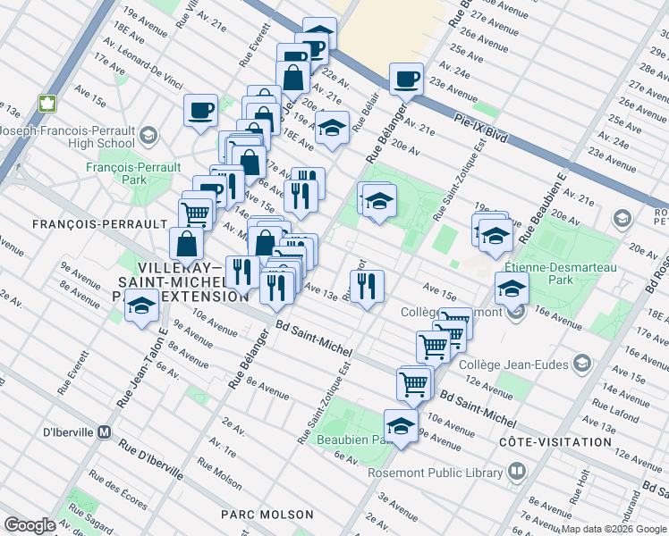 map of restaurants, bars, coffee shops, grocery stores, and more near 3505 Rue Soubirous in Montréal