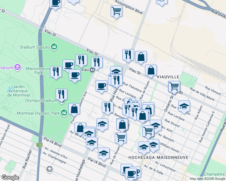 map of restaurants, bars, coffee shops, grocery stores, and more near 4729 Rue Hochelaga in Montréal