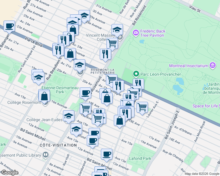 map of restaurants, bars, coffee shops, grocery stores, and more near 5653 Avenue Charlemagne in Montréal