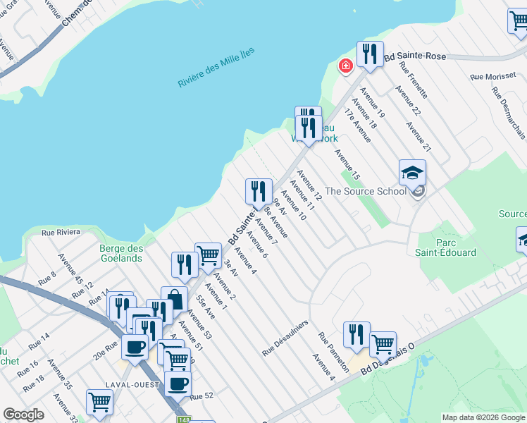 map of restaurants, bars, coffee shops, grocery stores, and more near 4740 Boulevard Sainte-Rose in Laval