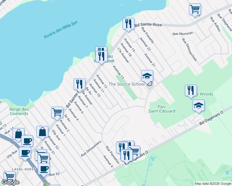 map of restaurants, bars, coffee shops, grocery stores, and more near 906 13e Av in Laval