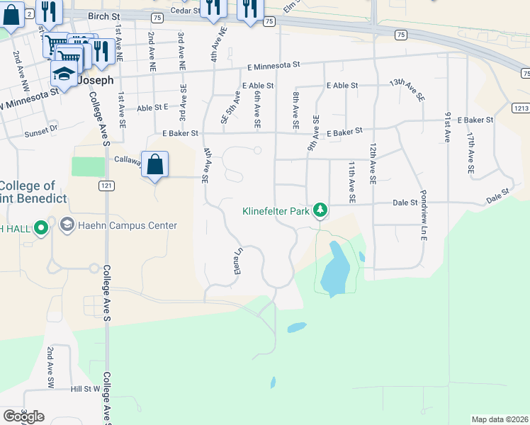 map of restaurants, bars, coffee shops, grocery stores, and more near 329 7th Avenue Southeast in Saint Joseph