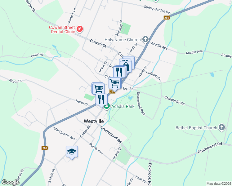 map of restaurants, bars, coffee shops, grocery stores, and more near 1863 North Main Street in Westville