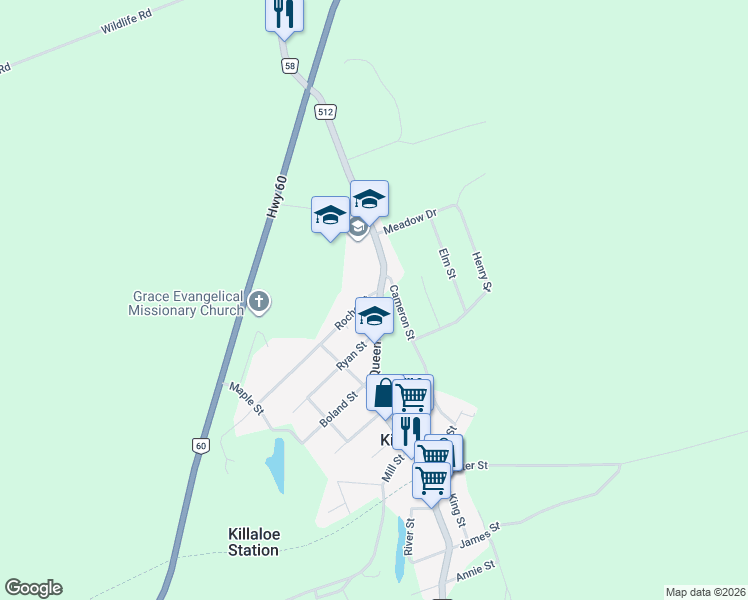map of restaurants, bars, coffee shops, grocery stores, and more near 118 Queen Street in Killaloe