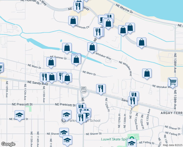 map of restaurants, bars, coffee shops, grocery stores, and more near 12441 Northeast Marx Street in Portland