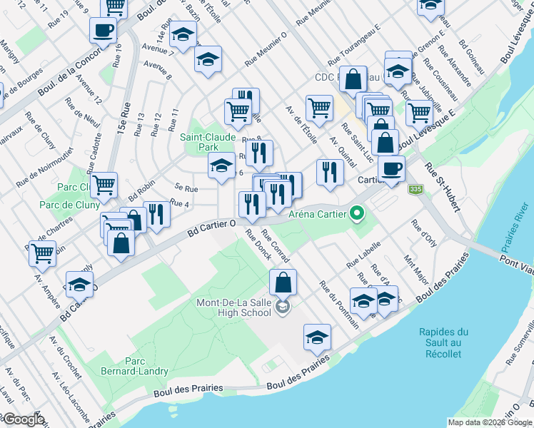 map of restaurants, bars, coffee shops, grocery stores, and more near 68 Boulevard Cartier Ouest in Laval