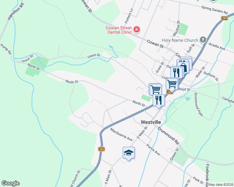 map of restaurants, bars, coffee shops, grocery stores, and more near 2172 North Street in Westville