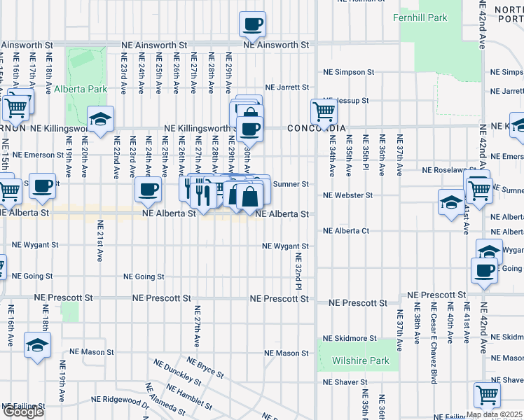 map of restaurants, bars, coffee shops, grocery stores, and more near 5029 Northeast 31st Avenue in Portland