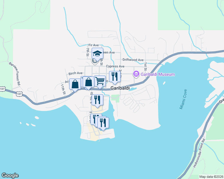 map of restaurants, bars, coffee shops, grocery stores, and more near Highway 101 in Garibaldi