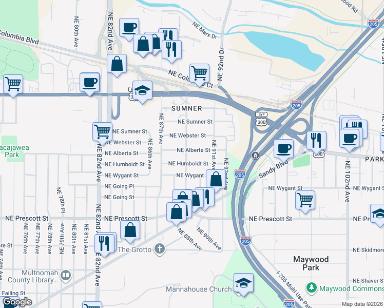 map of restaurants, bars, coffee shops, grocery stores, and more near 5004 Northeast 89th Avenue in Portland