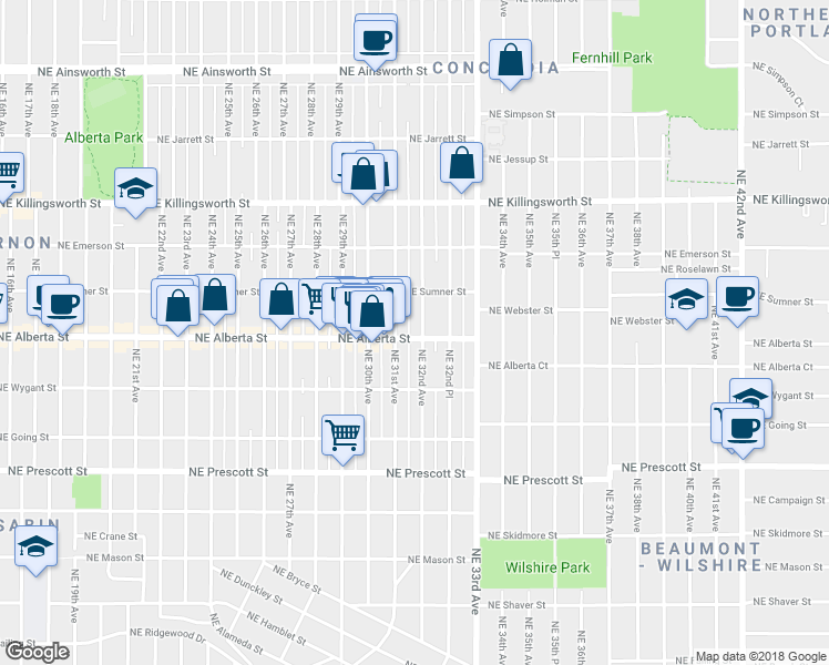 map of restaurants, bars, coffee shops, grocery stores, and more near 5028 Northeast 32nd Avenue in Portland