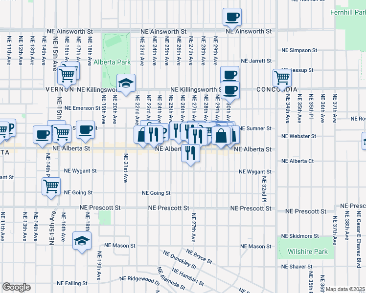 map of restaurants, bars, coffee shops, grocery stores, and more near 5028 Northeast 26th Avenue in Portland