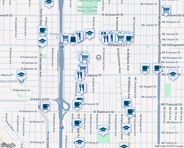 map of restaurants, bars, coffee shops, grocery stores, and more near 604 North Webster Street in Portland