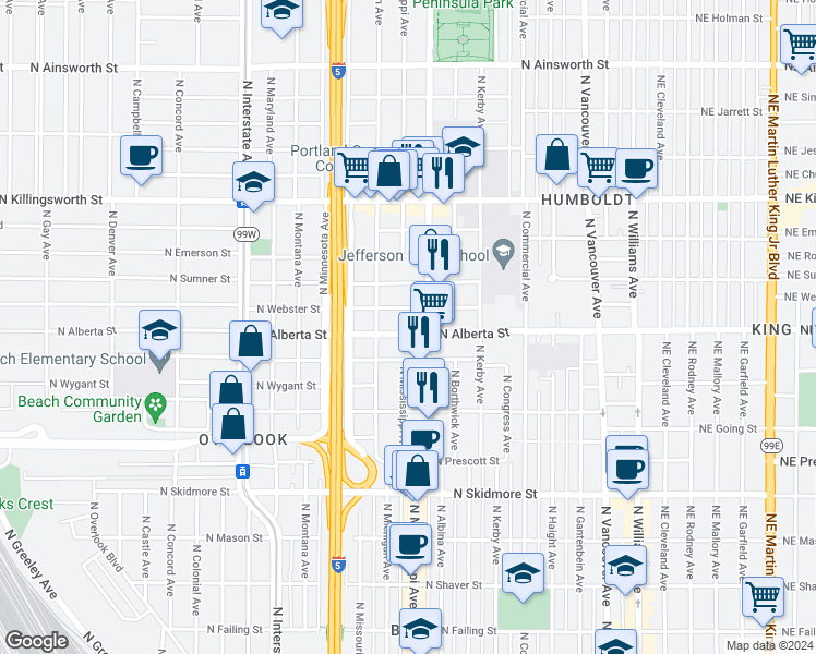 map of restaurants, bars, coffee shops, grocery stores, and more near 846 North Webster Street in Portland