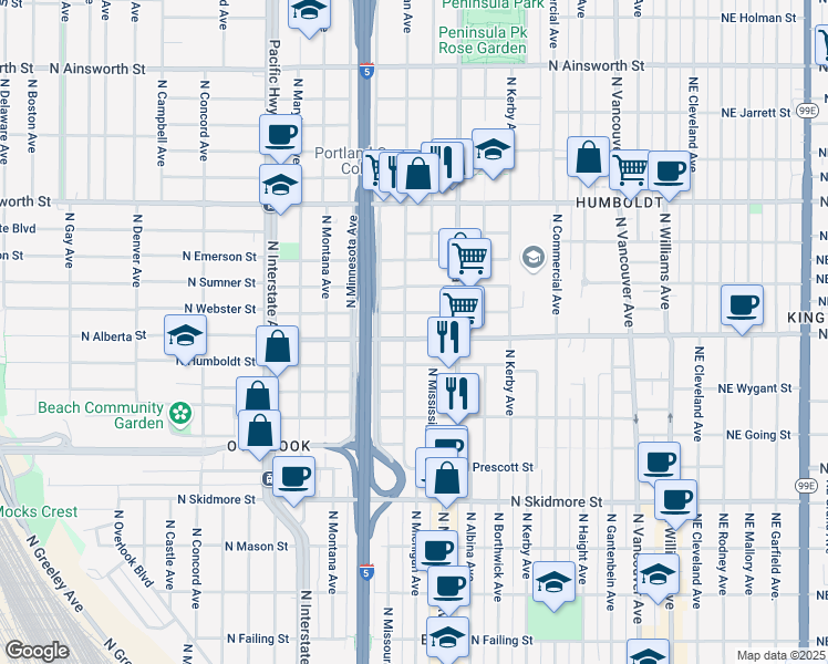 map of restaurants, bars, coffee shops, grocery stores, and more near 846 North Webster Street in Portland