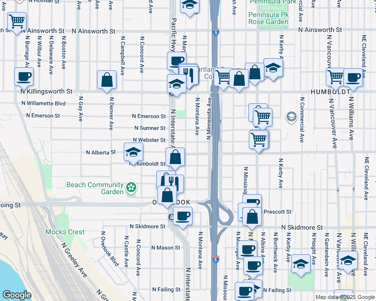 map of restaurants, bars, coffee shops, grocery stores, and more near 1314 North Webster Street in Portland