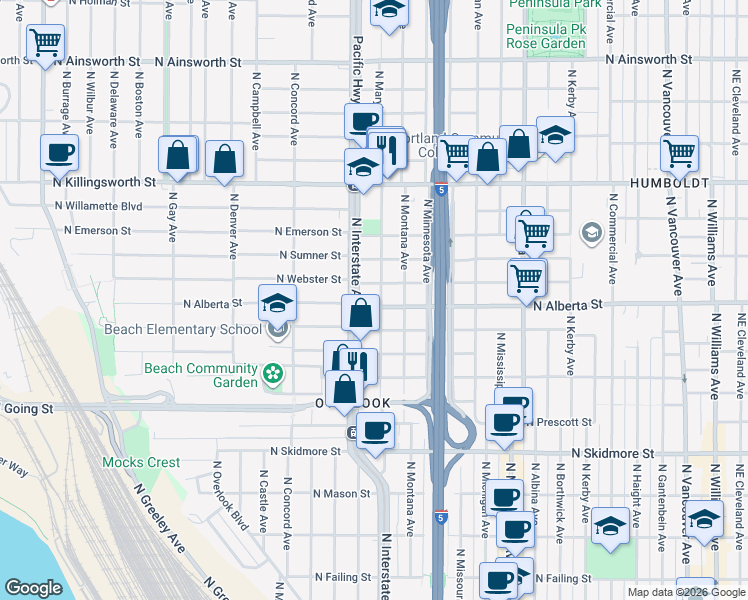 map of restaurants, bars, coffee shops, grocery stores, and more near in Portland