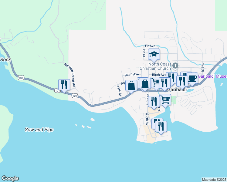 map of restaurants, bars, coffee shops, grocery stores, and more near 115 11th Street in Rockaway Beach