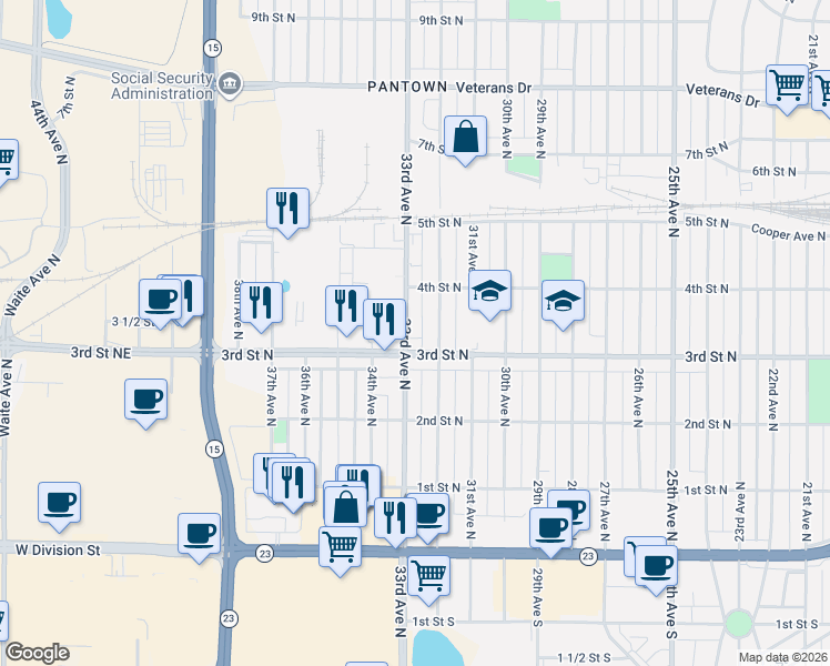 map of restaurants, bars, coffee shops, grocery stores, and more near 326 33rd Avenue North in St. Cloud