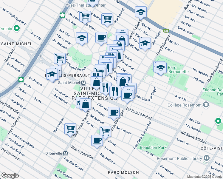 map of restaurants, bars, coffee shops, grocery stores, and more near 7105 12e Avenue in Montréal