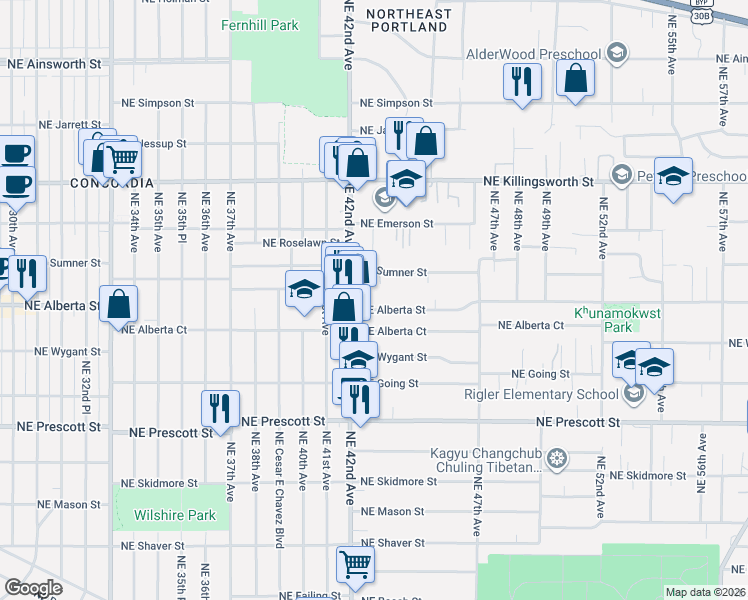 map of restaurants, bars, coffee shops, grocery stores, and more near 4300 Northeast Sumner Street in Portland